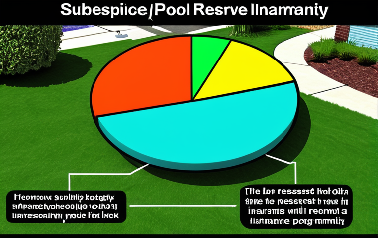 **
A detailed budget breakdown chart for an HOA, visualized as a colorful pie chart. Slices of the pie represent common expenses like "Landscaping," "Pool Maintenance," "Insurance," and "Reserve Funds." In the background, subtly show a well-maintained community with a pool, green spaces, and tidy buildings. The overall feeling should be informative and reassuring.
**