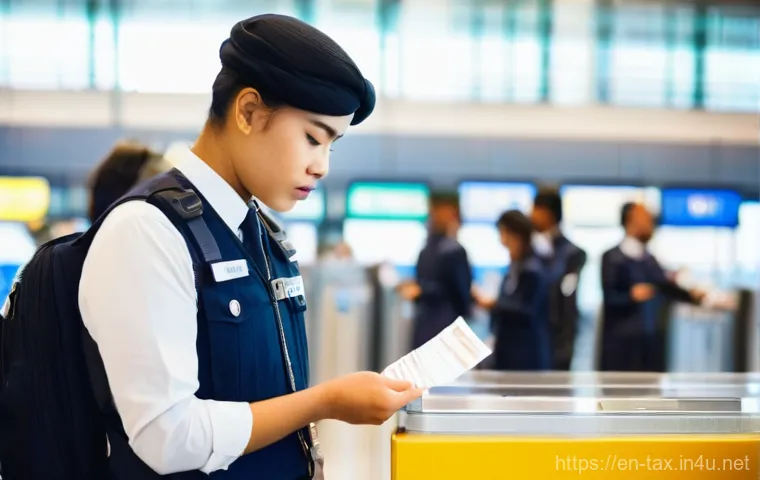 해외 여행자 면세 기준 - **Prompt:** A young adult traveler, visibly confused and slightly dismayed, stands at an airport cus...
