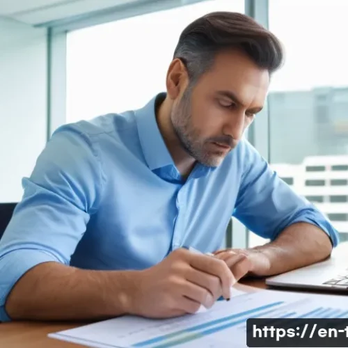 Home 7 해외송금 세금 문제 - A focused individual, approximately 35-45 years old, sits at a contemporary desk, meticulously revie...