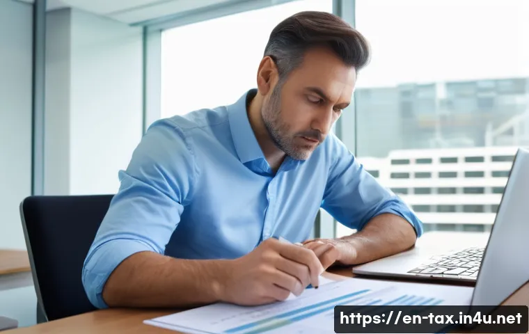 해외송금 세금 문제 - A focused individual, approximately 35-45 years old, sits at a contemporary desk, meticulously revie...