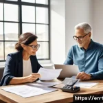 소득공제와 세액공제 차이 - A modern home office scene with a diverse middle-aged couple sitting at a desk, reviewing their tax ...