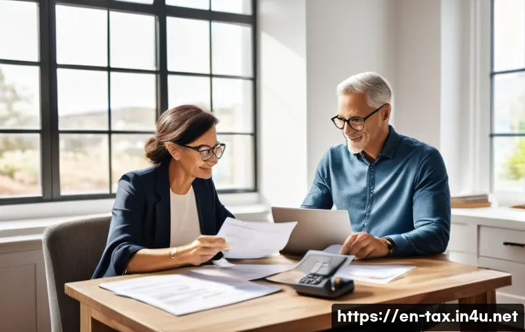 소득공제와 세액공제 차이 - A modern home office scene with a diverse middle-aged couple sitting at a desk, reviewing their tax ...