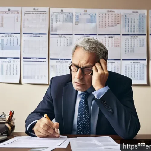 세금 체납 시 재산 압류 - A detailed office scene showing a stressed middle-aged homeowner sitting at a desk cluttered with ov...