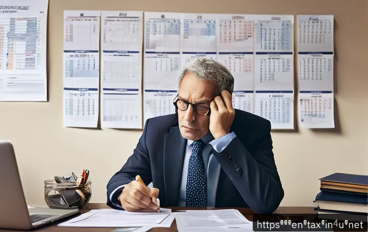 세금 체납 시 재산 압류 - A detailed office scene showing a stressed middle-aged homeowner sitting at a desk cluttered with ov...
