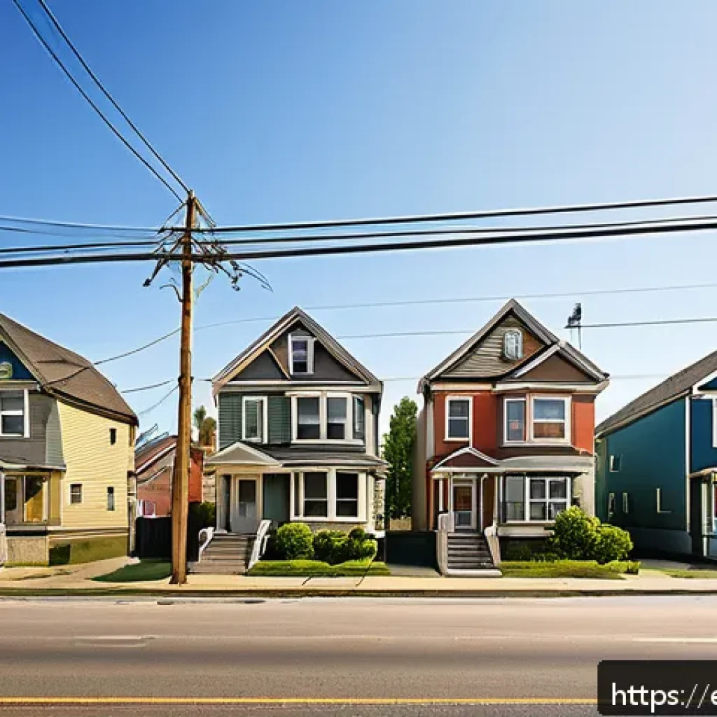 종합부동산세 계산법 - A detailed urban neighborhood scene showing a variety of residential homes with visible price tags f...