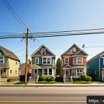 종합부동산세 계산법 - A detailed urban neighborhood scene showing a variety of residential homes with visible price tags f...
