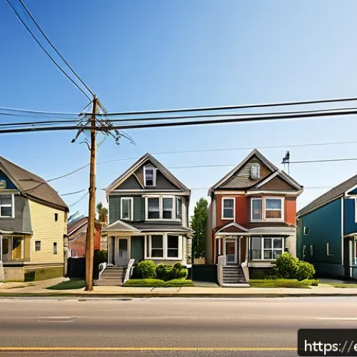 종합부동산세 계산법 - A detailed urban neighborhood scene showing a variety of residential homes with visible price tags f...