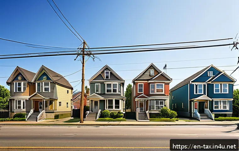 종합부동산세 계산법 - A detailed urban neighborhood scene showing a variety of residential homes with visible price tags f...